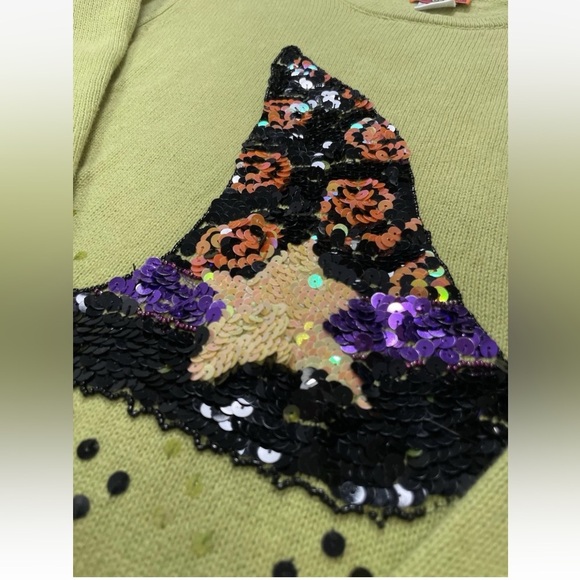 Peek A Boo Halloween Sequin Witches Hat Lime Green Pullover Sweater Women’s S - Picture 8 of 16